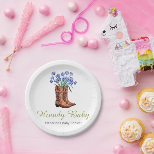 Howdy Baby Bluebonnets Cowboy Baby shower Papieren Bordje (Feest)