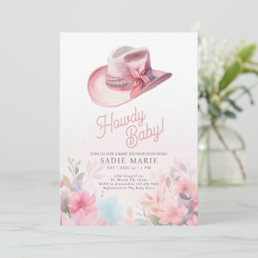 Howdy Baby Meisje Western Baby shower Uitnodiging (Staand voorkant)