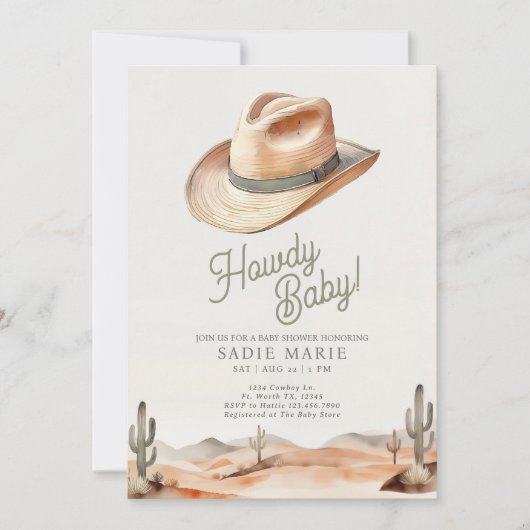 Howdy Baby Western Desert Baby shower Invitation Kaart (Voorkant)
