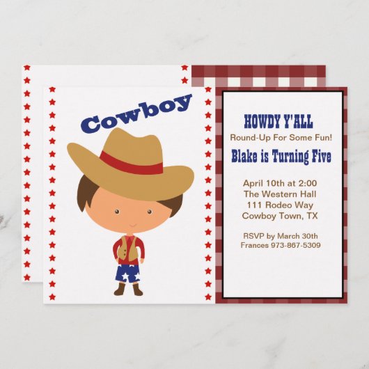 HOWDY! Boys Cowboy Birthday Uitnodiging (Voorkant / Achterkant)