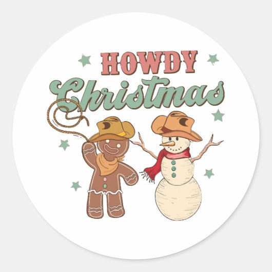 Howdy Christmas Cowboy Snowman Western Funny Ronde Sticker (Voorkant)