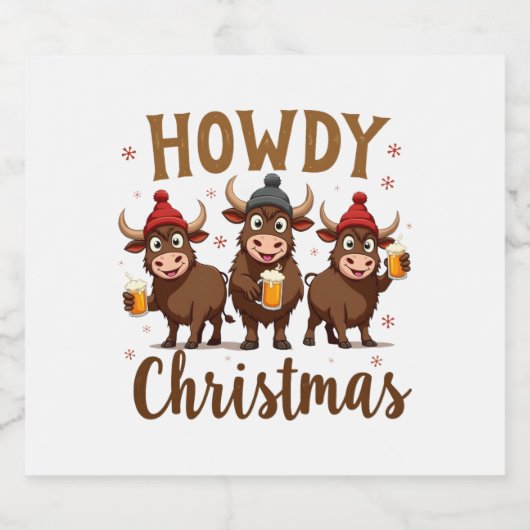 Howdy Christmas Funny Highland Cow Xmas Cows Lover Sparkling Wijnetiket (Enkel label)