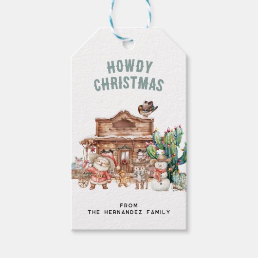 Howdy Christmas | Leuke Westerne woestijn Cadeaulabel (Voorkant)