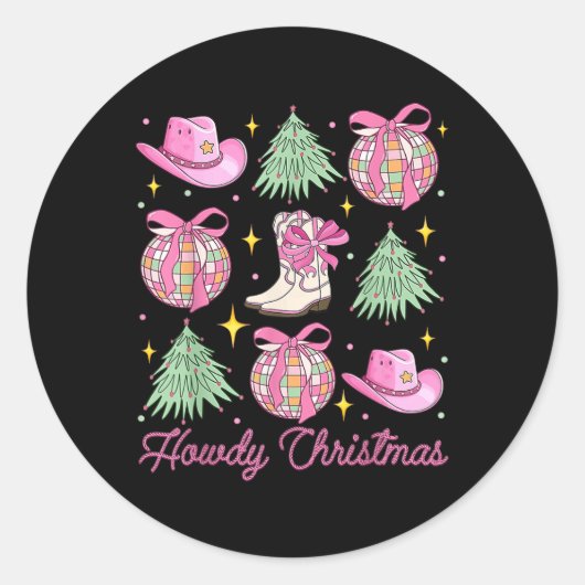 Howdy Christmas Pink Coquette Bow Xmas Tree Wester Ronde Sticker (Voorkant)