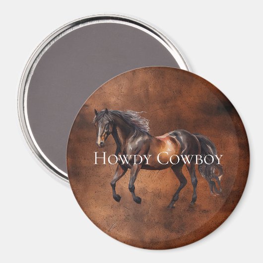 Howdy Cowboy Horse Faux Bruin Leer Magneet (Voorkant / Achterkant)