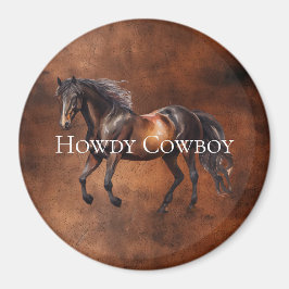 Howdy Cowboy Horse Faux Bruin Leer Magneet