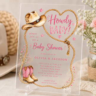 Howdy Cowgirl Acryl Baby Shower Uitnodiging