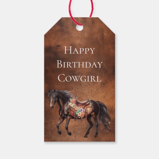 Howdy Cowgirl Western Horse Floral Saddle Cadeaulabel (Voorkant)