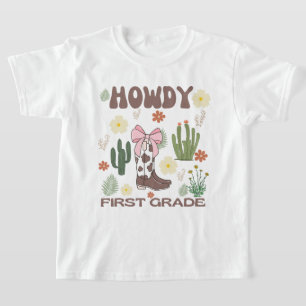 Howdy eerste klas Kinder T-shirt, Cowgirl eerste d T-shirt