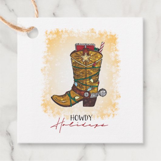 Howdy Feestdagen kerstlampjes Cowboy Boot Bedankjes Labels (Voorkant)
