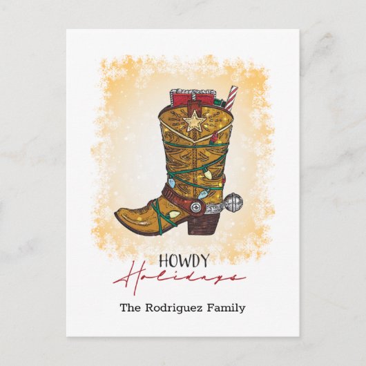 Howdy Feestdagen kerstlampjes Cowboy Boot Briefkaart (Voorkant)