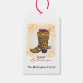 Howdy Feestdagen kerstlampjes Cowboy Boot Cadeaulabel (Voorkant)