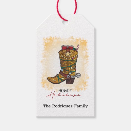 Howdy Feestdagen kerstlampjes Cowboy Boot Cadeaulabel (Voorkant)
