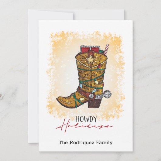 Howdy Feestdagen kerstlampjes Cowboy Boot Feestdagenkaart (Voorkant)