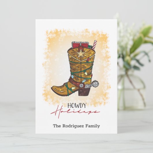Howdy Feestdagen kerstlampjes Cowboy Boot Feestdagenkaart (Staand voorkant)