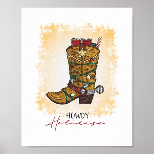Howdy Feestdagen kerstlampjes Cowboy Boot Poster (Voorkant)