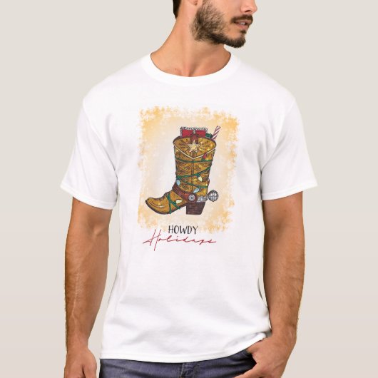 Howdy Feestdagen kerstlampjes Cowboy Boot T-shirt (Voorkant)
