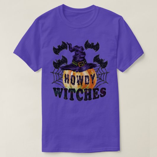 Howdy heksen gelukkig Halloween vleermuizen pompoe T-shirt (Design voorkant)