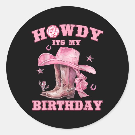 Howdy is mijn verjaardag Cowgirl Western Rodeo Gir Ronde Sticker (Voorkant)