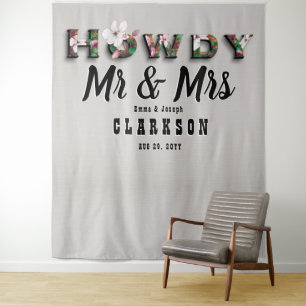 Howdy Mr en Mrs Rustic Bloemen Linnen Muur Achterg Wandkleed