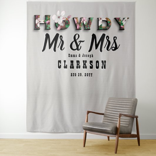 Howdy Mr en Mrs Rustic Bloemen Linnen Muur Achterg Wandkleed (In situ)