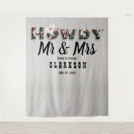 Howdy Mr en Mrs Rustic Bloemen Linnen Muur Achterg Wandkleed