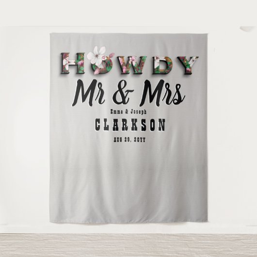 Howdy Mr en Mrs Rustic Bloemen Linnen Muur Achterg Wandkleed (Voorkant)