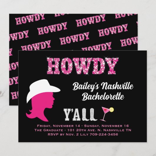 Howdy Nashville vrijgezellenuitnodiging Kaart (Voorkant / Achterkant)