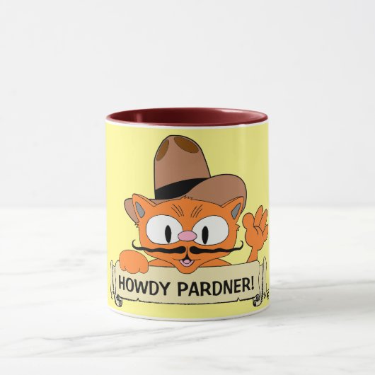 "HOWDY PARDNER!" Cartoon Cowboy Mustache Cat Funny Mok (Midden)