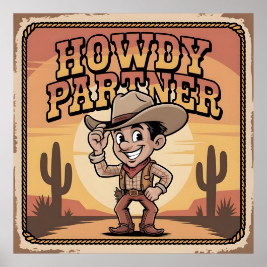 "Howdy Partner" Retro Cowboy Zonsondergang Illustr Poster (Voorkant)