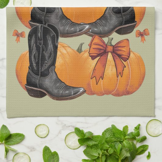 Howdy Pompoen Westerne Herfst Coquette Bow Cowgirl Theedoek (Gevouwen)
