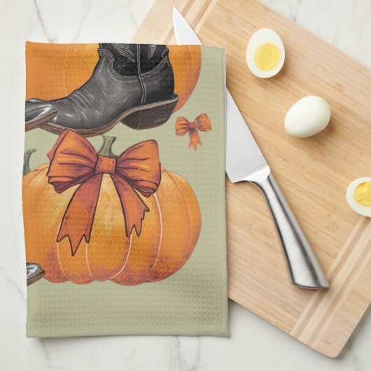 Howdy Pompoen Westerne Herfst Coquette Bow Cowgirl Theedoek (Quarter Fold)