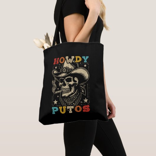 Howdy Putos Funny Skull Retro Tote Bag (Dichtbij)