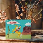 Howdy Retro Western Cowgirl Briefkaart<br><div class="desc">Hallo Zeg maar met een western accent. Dit briefkaart heeft een retro-stijlillustratie van een cowgirl te paard in een western landschap met de boodschap HOWDY! geschreven in de wolken. De achterkant van dit briefkaart is leeg voor uw om te schrijven in uw eigen bericht en het adres van de ontvanger....</div>