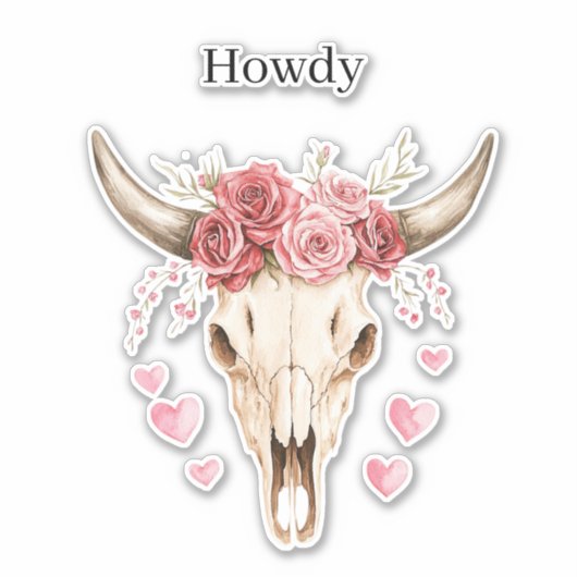 Howdy Skull Pink Roses Hearts Sticker (Voorkant)
