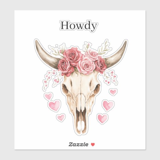 Howdy Skull Pink Roses Hearts Sticker (Vel)