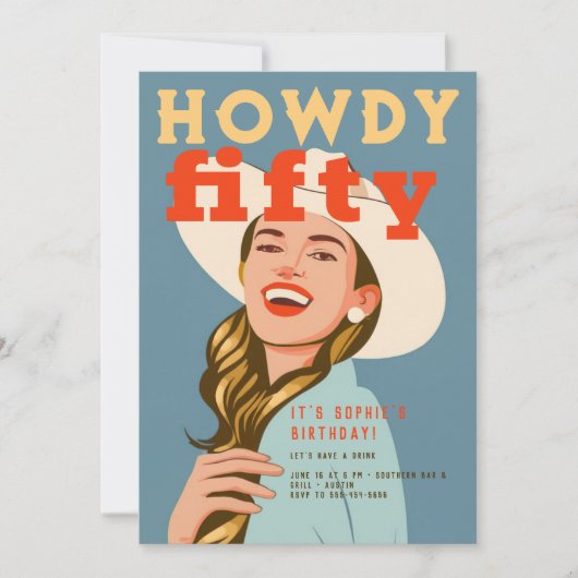 Howdy Vijftig Western Retro Chique Blauw 50ste Ver Kaart (Voorkant)