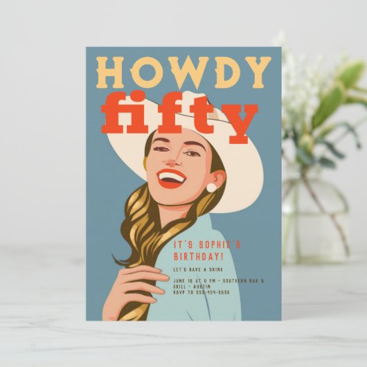 Howdy Vijftig Western Retro Chique Blauw 50ste Ver Kaart (Staand voorkant)