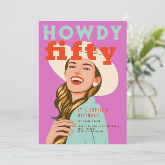 Howdy Vijftig Western Retro Chique Roze 50ste Verj Kaart (Staand voorkant)