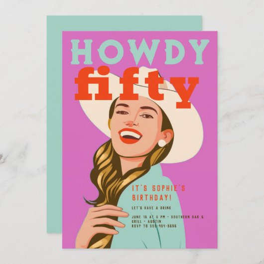 Howdy Vijftig Western Retro Chique Roze 50ste Verj Kaart (Voorkant / Achterkant)