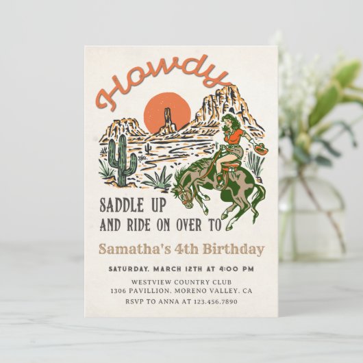 Howdy! Westerne Rodeo Cowboy verjaardagsuitnodigin Kaart (Staand voorkant)