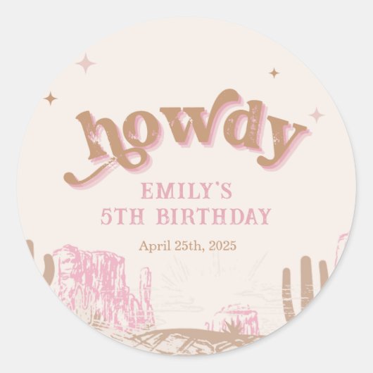 Howdy! Westerne roze cowgirl verjaardag Ronde Sticker (Voorkant)