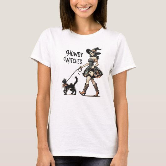 Howdy Witches Cat Halloween Grappige Retro T-shirt (Voorkant)