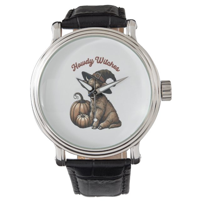 Howdy Witches Halloween Highland Koe Horloge (Voorkant)