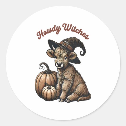 Howdy Witches Halloween Highland Koe Ronde Sticker (Voorkant)