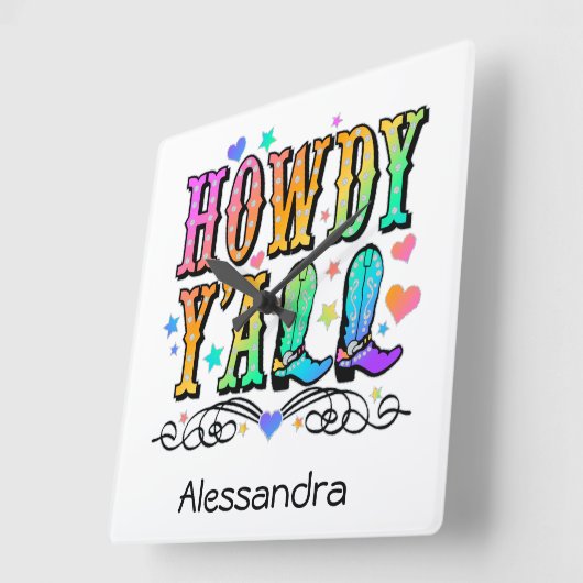 Howdy Y'all Girls Western Vierkante Klok (Hoek)
