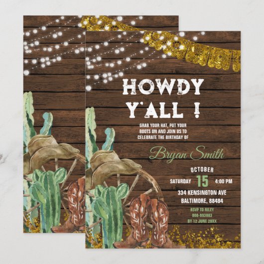 Howdy Y'All Southwestern Cactus laarzen Verjaardag Kaart (Voorkant / Achterkant)