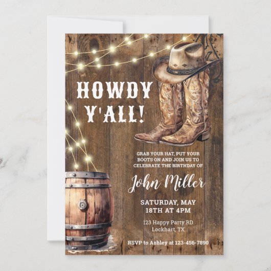Howdy Y'All Western Verjaardag Cowboy Boots en Pet Kaart (Voorkant)
