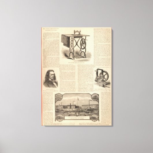 Howe naaimachine met schets van de uitvinder canvas afdruk (Voorkant)