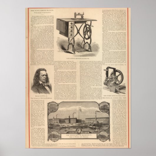Howe naaimachine met schets van de uitvinder poster (Voorkant)